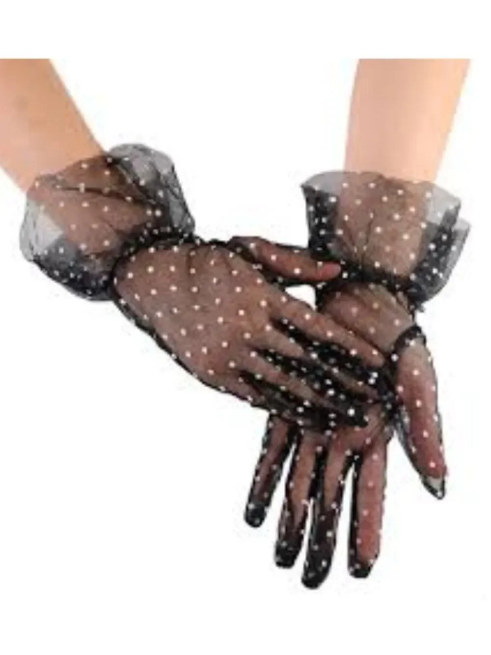 NWT Black White Polka Dot Mesh Tulle Gloves Sheer Ruffle Lace Wrist Tea Party